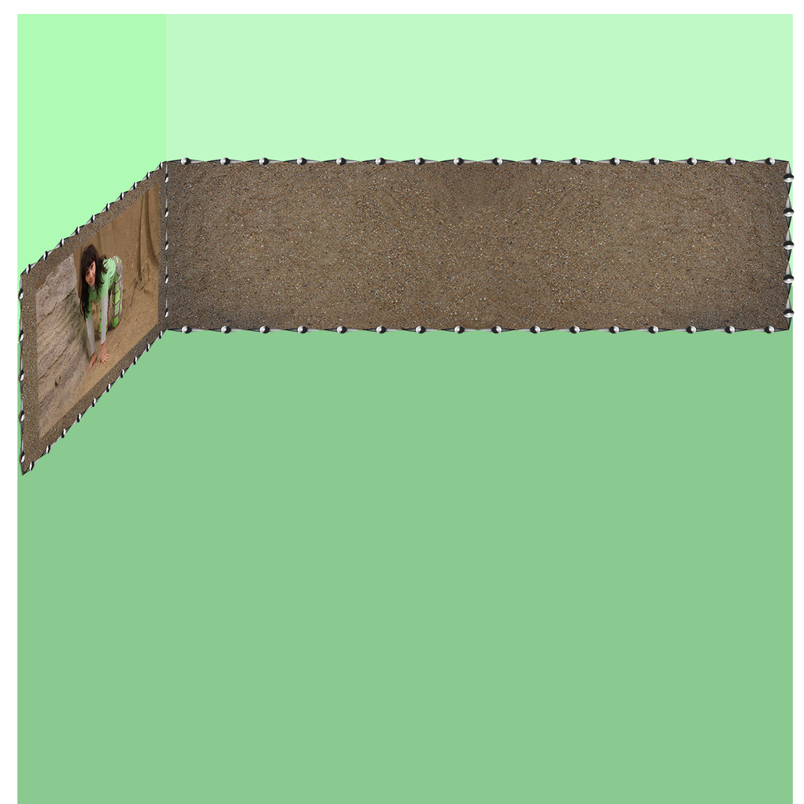 Virtual version of the Everyworm Deserves a Mansion installation. Two floating sand walls with three projections on them. The sand walls are framed with studded metal diamond. The floor and ceiling is light green, painted in photoshop digitally.