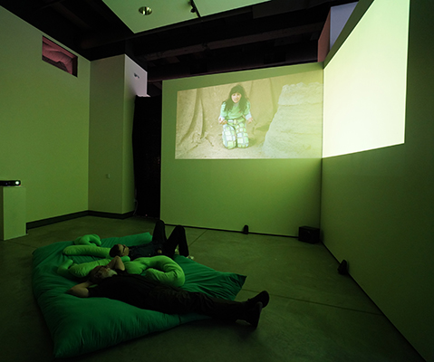 Two 3 feet tall, mirrored video projections of every worm deserves a mansion in the right corner of a white room. Two people laying in front the video. They are laying on a large 8 foot wide green screen that is stuffed like a giant body pillow. Severy other strangely shaped green body pillows are also laying with the people.