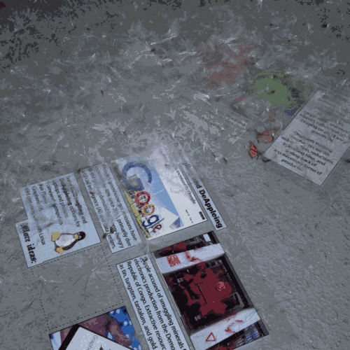 Printed slides scattered on the ground