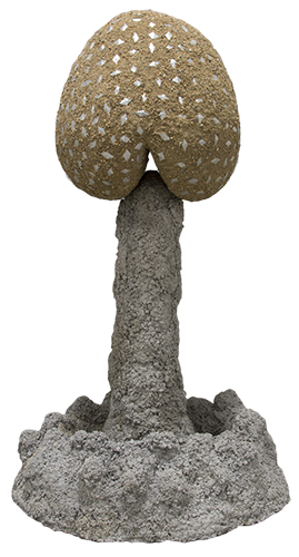 Sculpture called 'Atomic Stink Bomb Concrete' that is 3.5 feet tall and 2 feet wide. Materals are sand, concrete, and tin sheeting. The form is a hybrid of a butt and a mushroom cloud. The top of the cloud to look like a butt. It is made out of sand with hand cut metal diamons embedded in the sand. The base and stem of the cloud comes out of the bottom of the butt and is made of concrete. Made in 2018.
