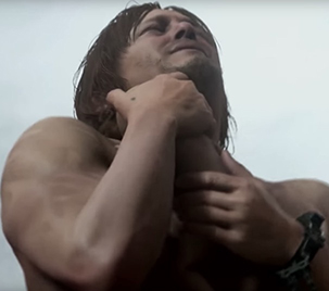 Screenshot of computer animated Norman Reedus from the video game Death Stranding, looking at the sky naked and cryin while hugging a white baby